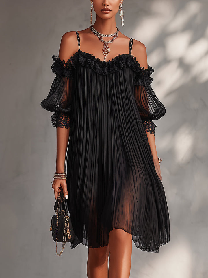 Ashcroft | Black Chiffon Off-Shoulder Mini Dress with Lace Trim
