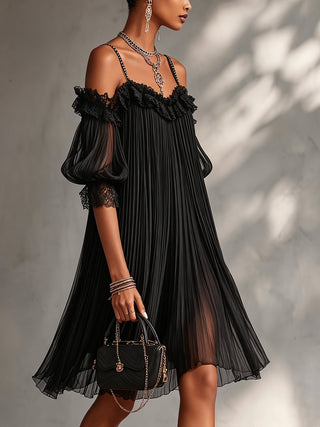 Ashcroft | Black Chiffon Off-Shoulder Mini Dress with Lace Trim