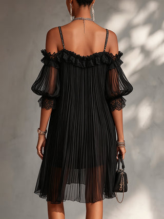Ashcroft | Black Chiffon Off-Shoulder Mini Dress with Lace Trim