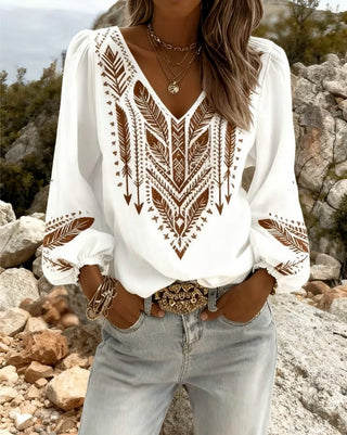 Loose-Fitting Blouse with Puff Sleeves and a V-Neck