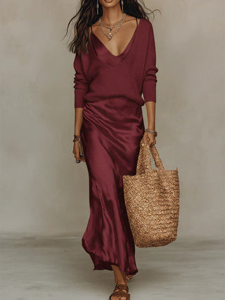 Auréline | Satin Midi Dress & Knit Sweater Set