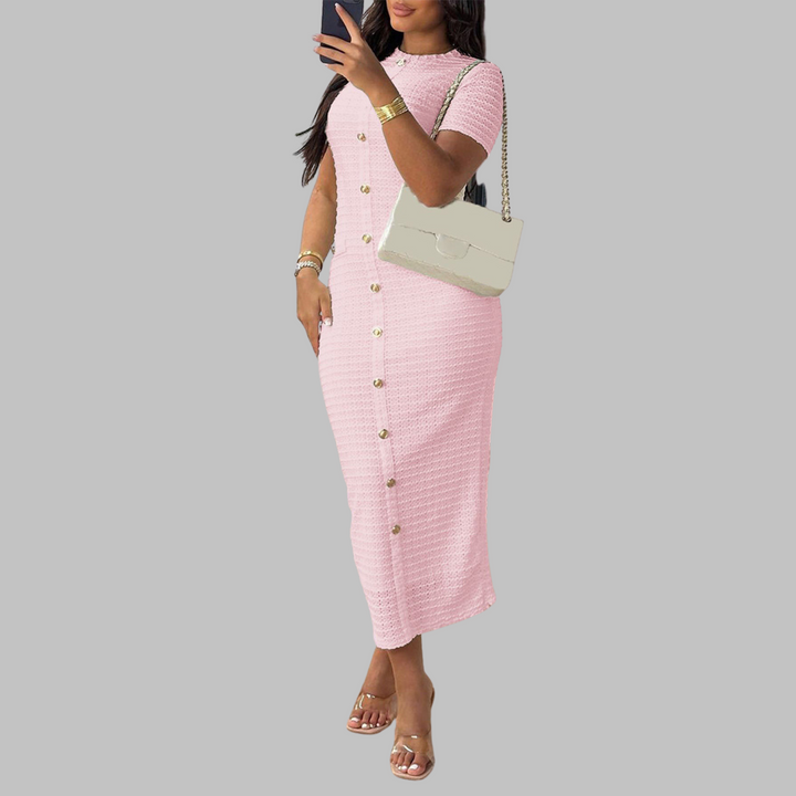Ashcroft Elegant Round Neck Faux Button Dress – view 10