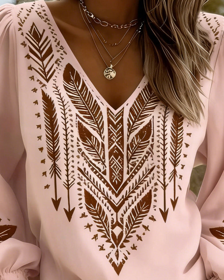Loose-Fitting Blouse with Puff Sleeves and a V-Neck