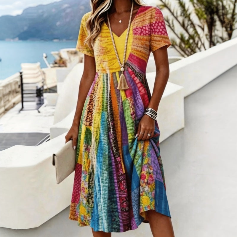 Ashcroft | Colourful Vintage Patchwork Print V Neck Midi Dress