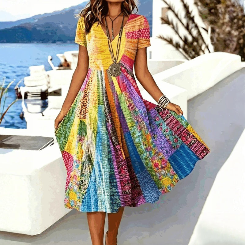 Ashcroft | Colourful Vintage Patchwork Print V Neck Midi Dress