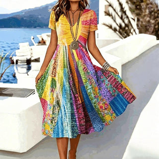 Ashcroft | Colourful Vintage Patchwork Print V Neck Midi Dress