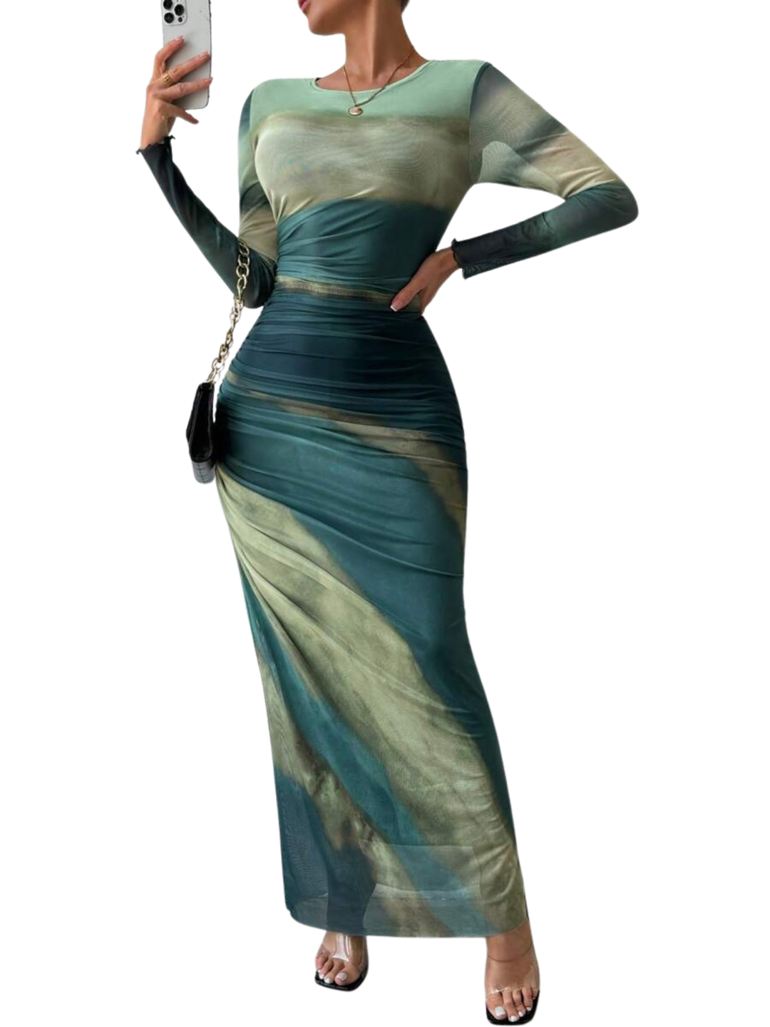 Ashcroft All-Over Print Ruched Long Sleeve Bodycon Party Dress