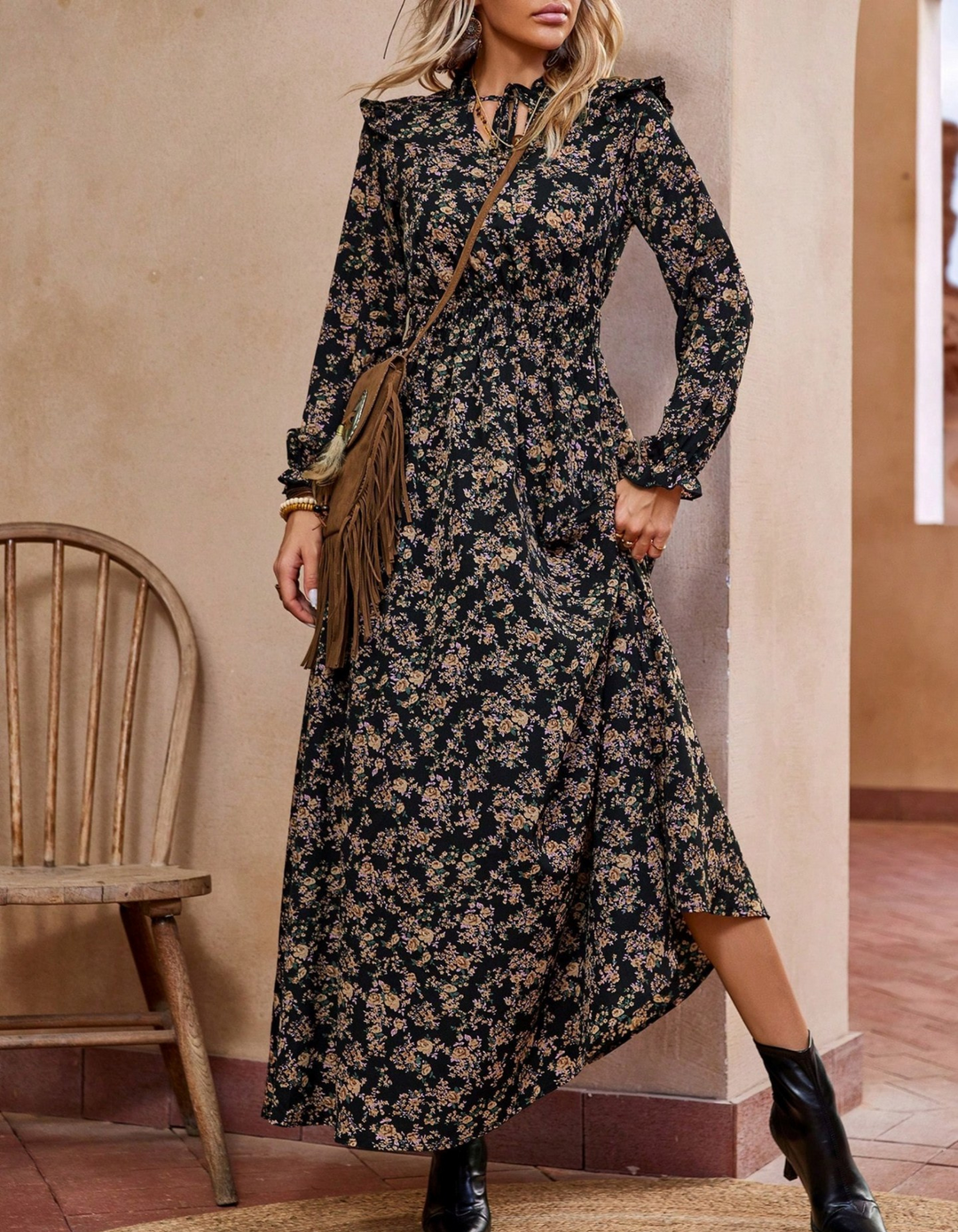 Ashcroft Elegant Long Sleeve Floral Print A-Line Dress – view 5