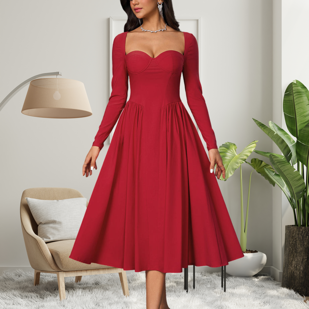 Ashcroft Elegant Heart Neckline Long Sleeve A-Line Maxi Dress