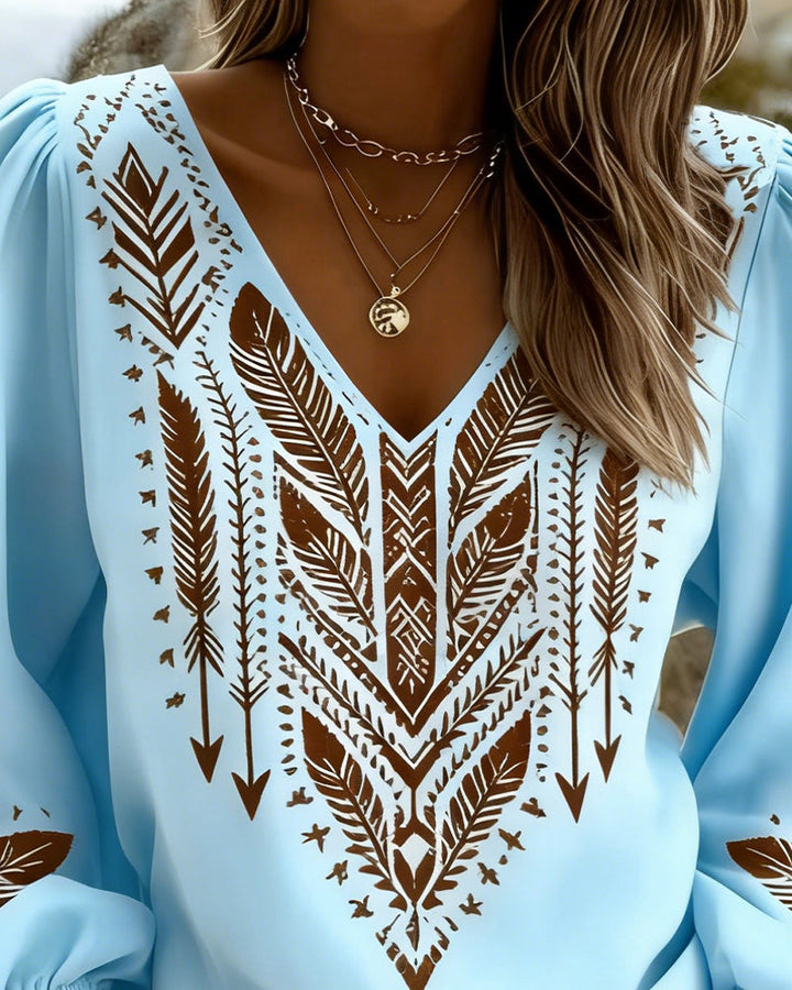 Loose-Fitting Blouse with Puff Sleeves and a V-Neck