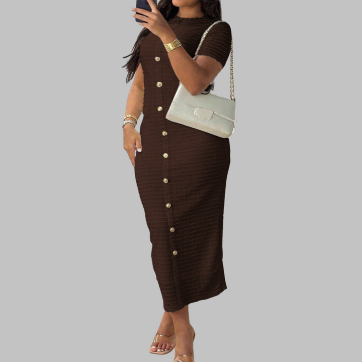 Ashcroft Elegant Round Neck Faux Button Dress – view 5