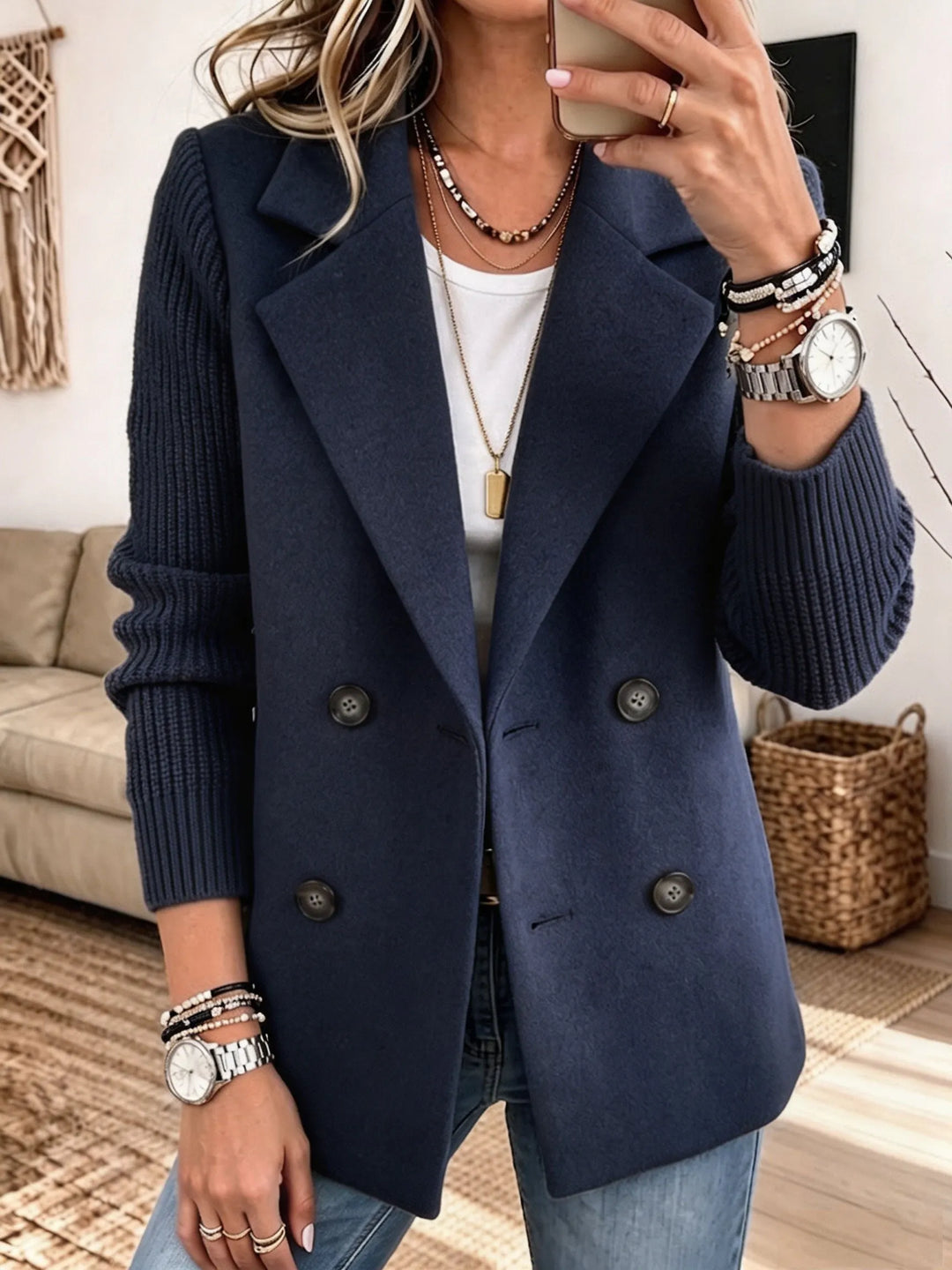 Carla | Knit-Sleeve Double-Breasted Blazer