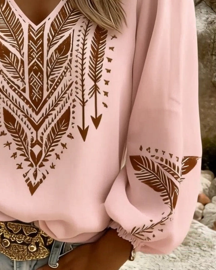 Loose-Fitting Blouse with Puff Sleeves and a V-Neck
