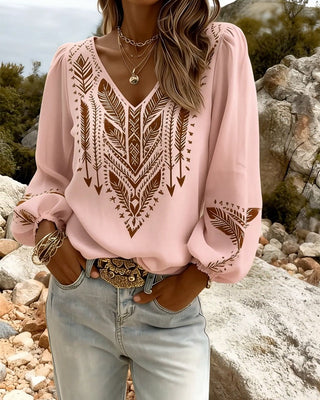 Loose-Fitting Blouse with Puff Sleeves and a V-Neck