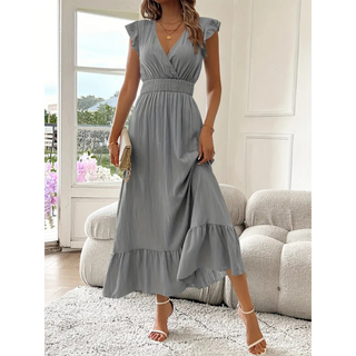 Ashcroft Elegant Shirred V-Neck Summer Maxi Dress – view 9
