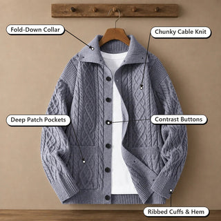 Cable Knit Cardigan – fold-down collar, chunky cable knit, contrast buttons, deep patch pockets, ribbed cuffs and hem
