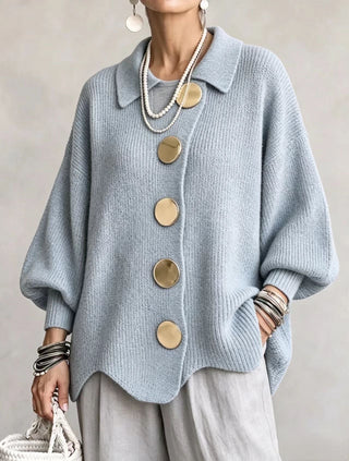 Oversized gold button cardigan in sky blue