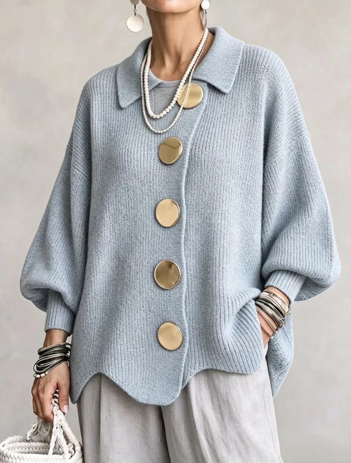 Oversized gold button cardigan in sky blue