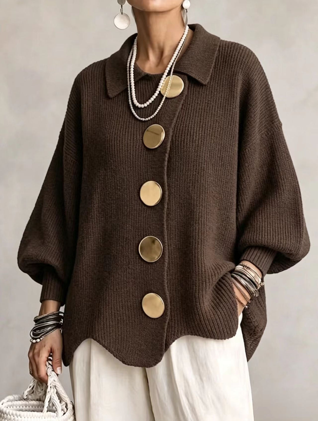 Oversized gold button cardigan in mocha brown