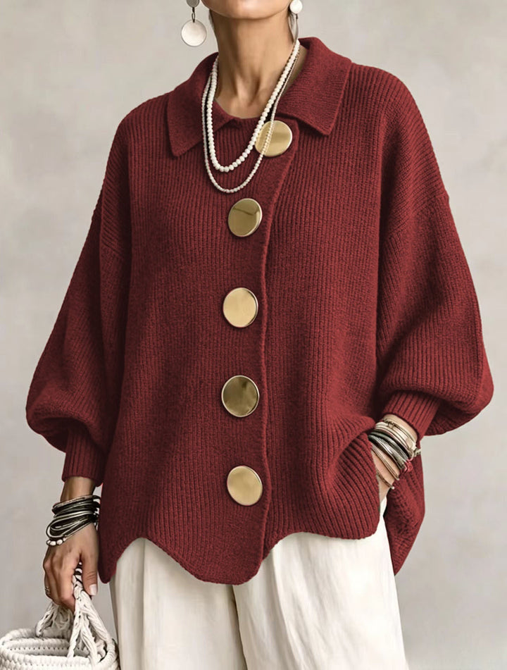 Oversized gold button cardigan in red