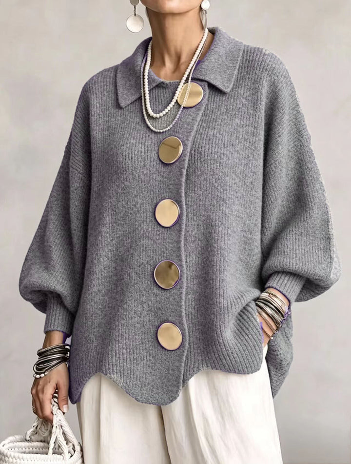 Oversized gold button cardigan in grey