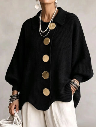 Oversized gold button cardigan in black