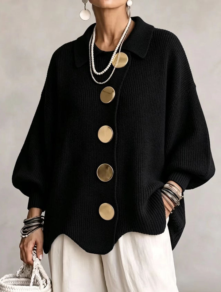 Oversized gold button cardigan in black