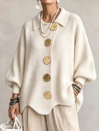 Oversized gold button cardigan in ivory white