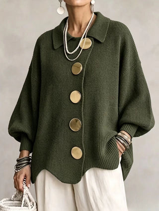 Oversized gold button cardigan in olive green