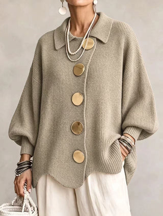 Oversized gold button cardigan in khaki