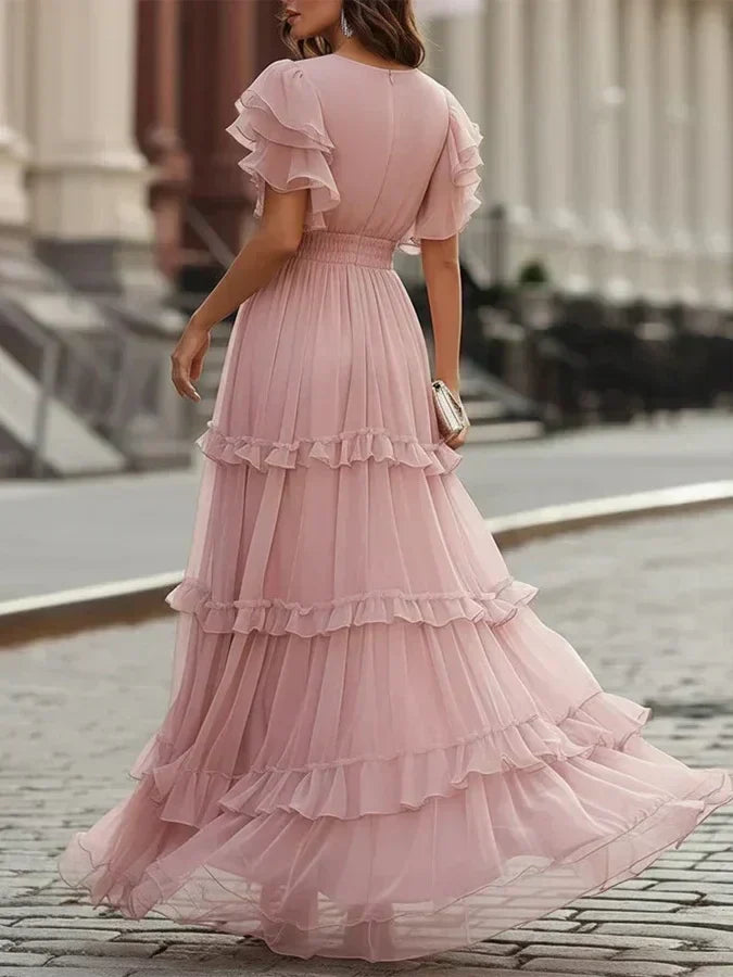 Rosalía | Dusty Pink Tiered Maxi Dress with Butterfly Sleeves