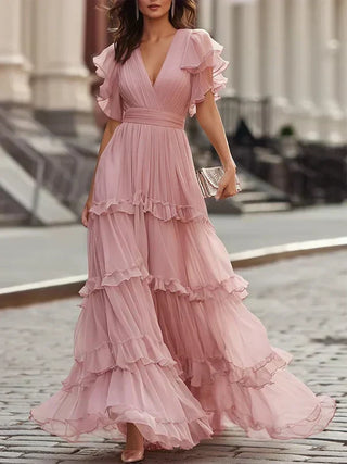 Rosalía | Dusty Pink Tiered Maxi Dress with Butterfly Sleeves