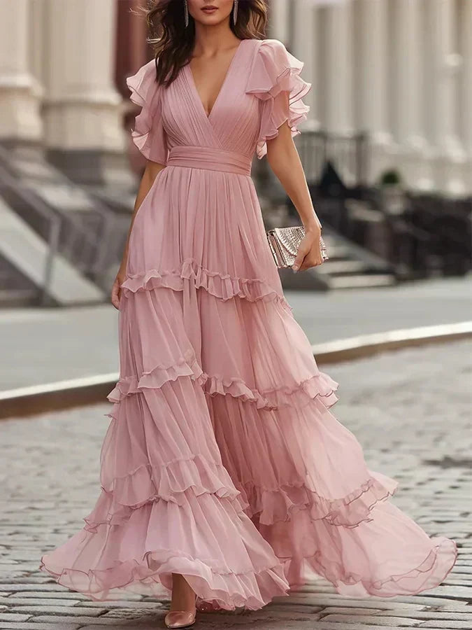 Rosalía | Dusty Pink Tiered Maxi Dress with Butterfly Sleeves