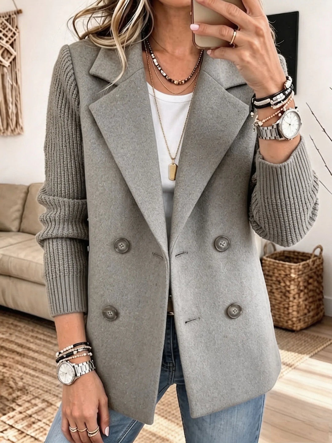 Carla | Knit-Sleeve Double-Breasted Blazer