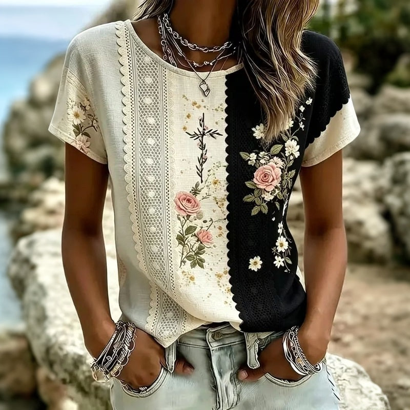 Ashcroft Lace Trim Floral Colourblock Top in black and cream