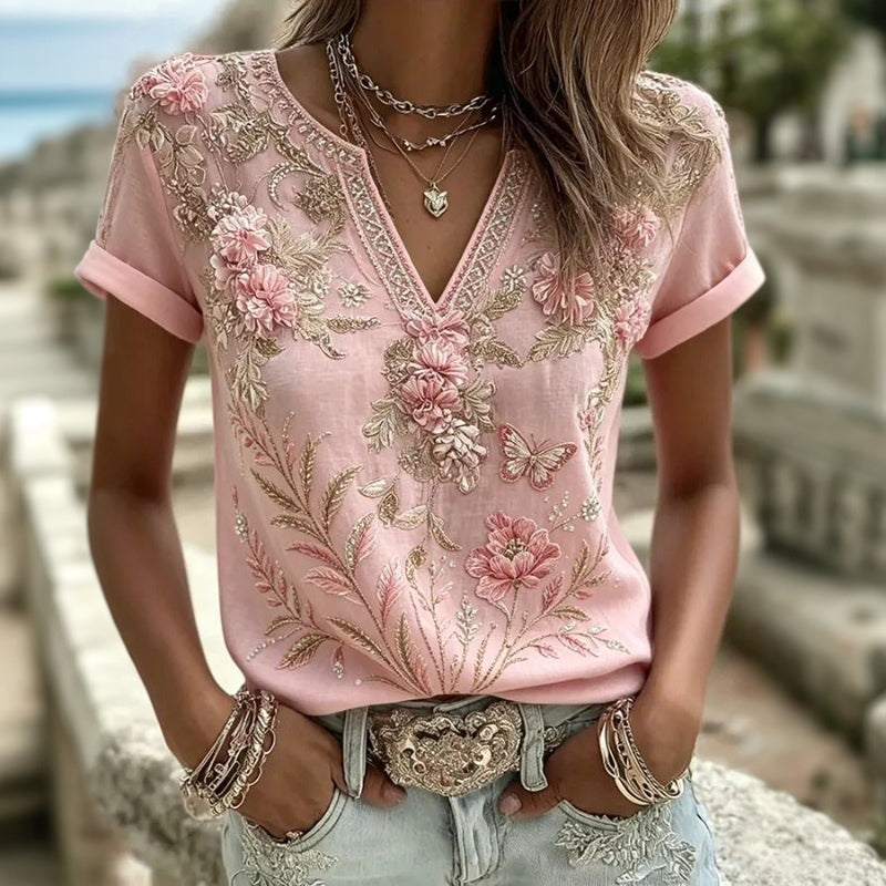 Ashcroft Floral Embroidered V-Neck Blouse in blush pink