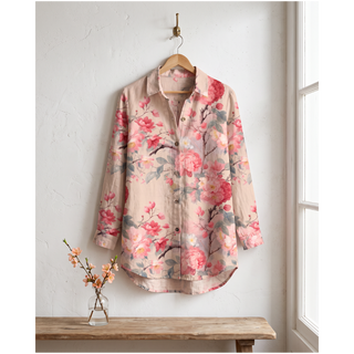 Ashcroft Vintage Floral Print Blouse in pink floral on a hanger