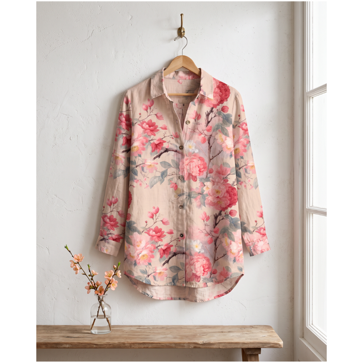 Ashcroft Vintage Floral Print Blouse in pink floral on a hanger