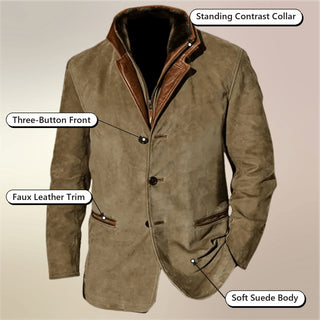 Lodge Suede Coat – Standing Contrast Collar, Three-Button Front, Faux Leather Trim, Soft Suede Body