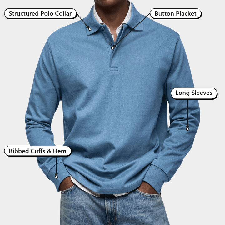 Comfortable Autumn Polo – Structured Polo Collar, Button Placket, Long Sleeves, Ribbed Cuffs & Hem