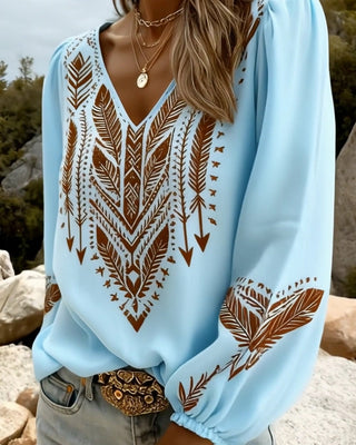 Loose-Fitting Blouse with Puff Sleeves and a V-Neck