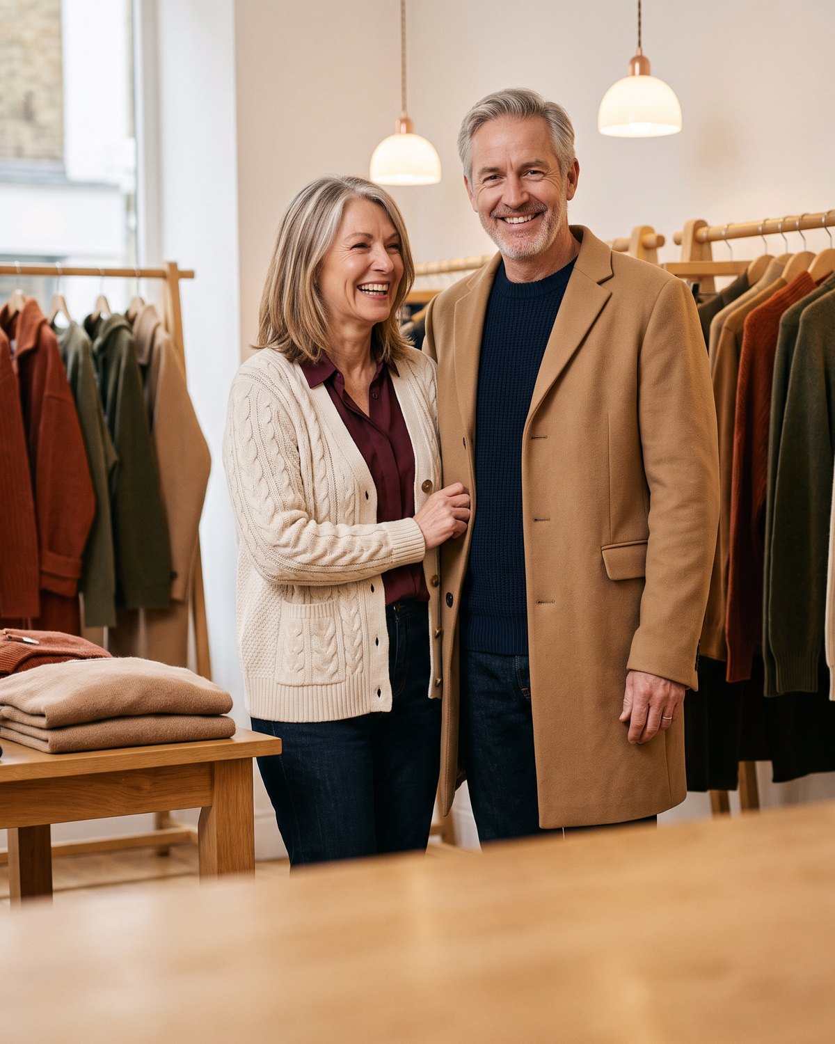 A man and a woman in a warm clothing boutique, smiling at each other