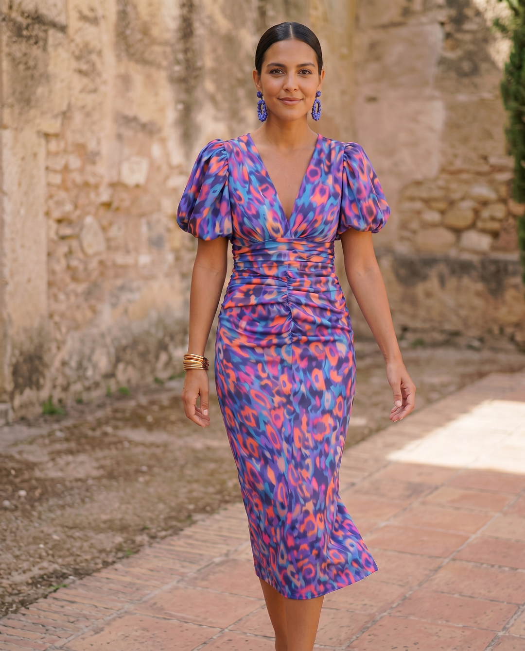 Carla | Floral Puff-Sleeve Midi Dress