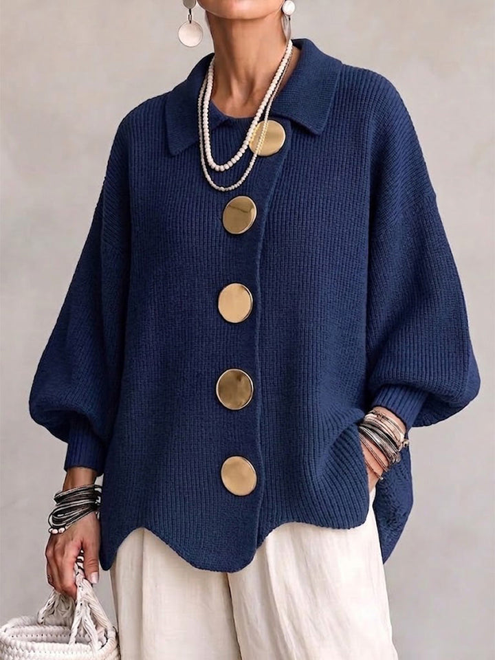 Oversized ribbed cardigan with large gold buttons in navy blue
