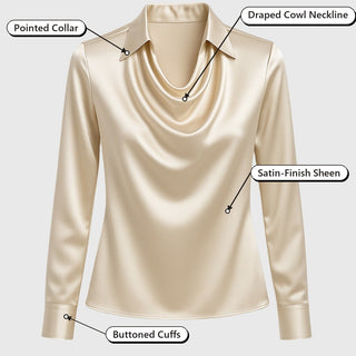 Silvia | Pleated-Collar Shimmer Blouse – Pointed Collar, Draped Cowl Neckline, Satin-Finish Sheen, Buttoned Cuffs