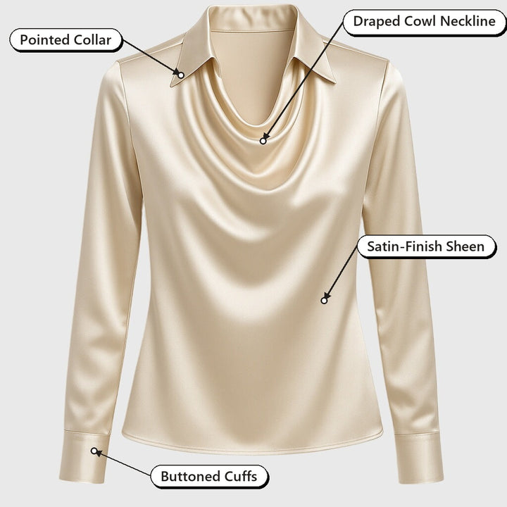 Silvia | Pleated-Collar Shimmer Blouse – Pointed Collar, Draped Cowl Neckline, Satin-Finish Sheen, Buttoned Cuffs