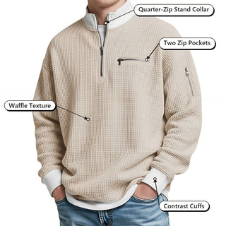 Waffle-Knit Half-Zip Jumper – Quarter-Zip Stand Collar, Two Zip Pockets, Waffle Texture, Contrast Cuffs