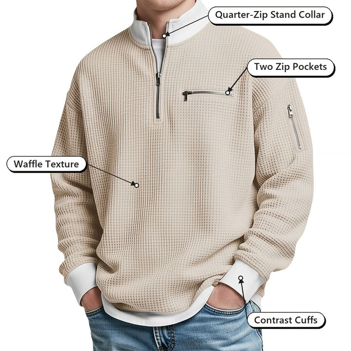 Waffle-Knit Half-Zip Jumper – Quarter-Zip Stand Collar, Two Zip Pockets, Waffle Texture, Contrast Cuffs